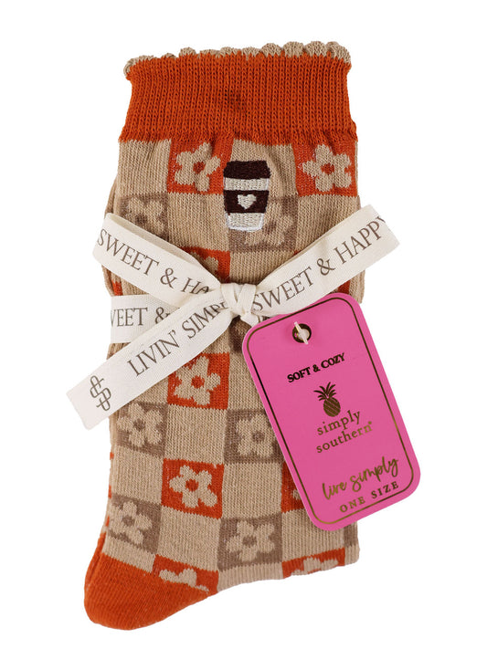 Simply Southern Orange and Brown Checker Board Flower Socks