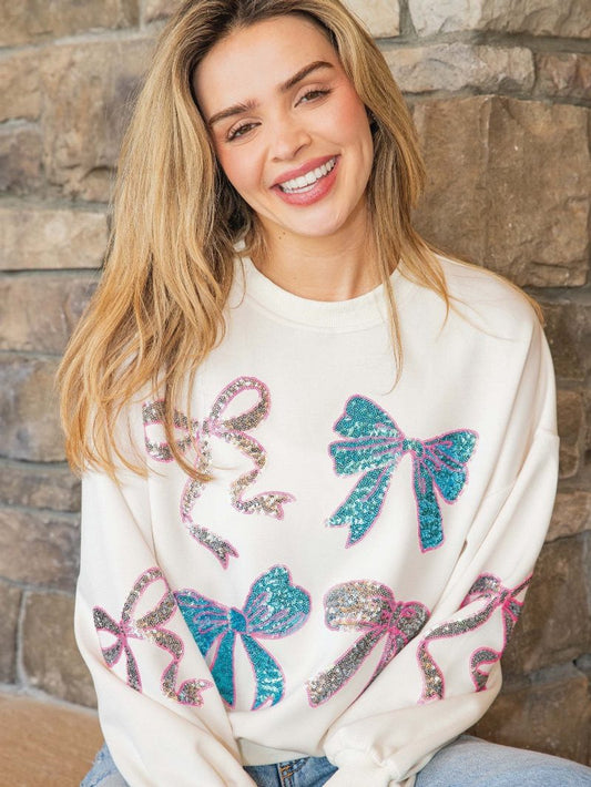 Simply Southern Ivory  Sequin Ribbons Crewneck