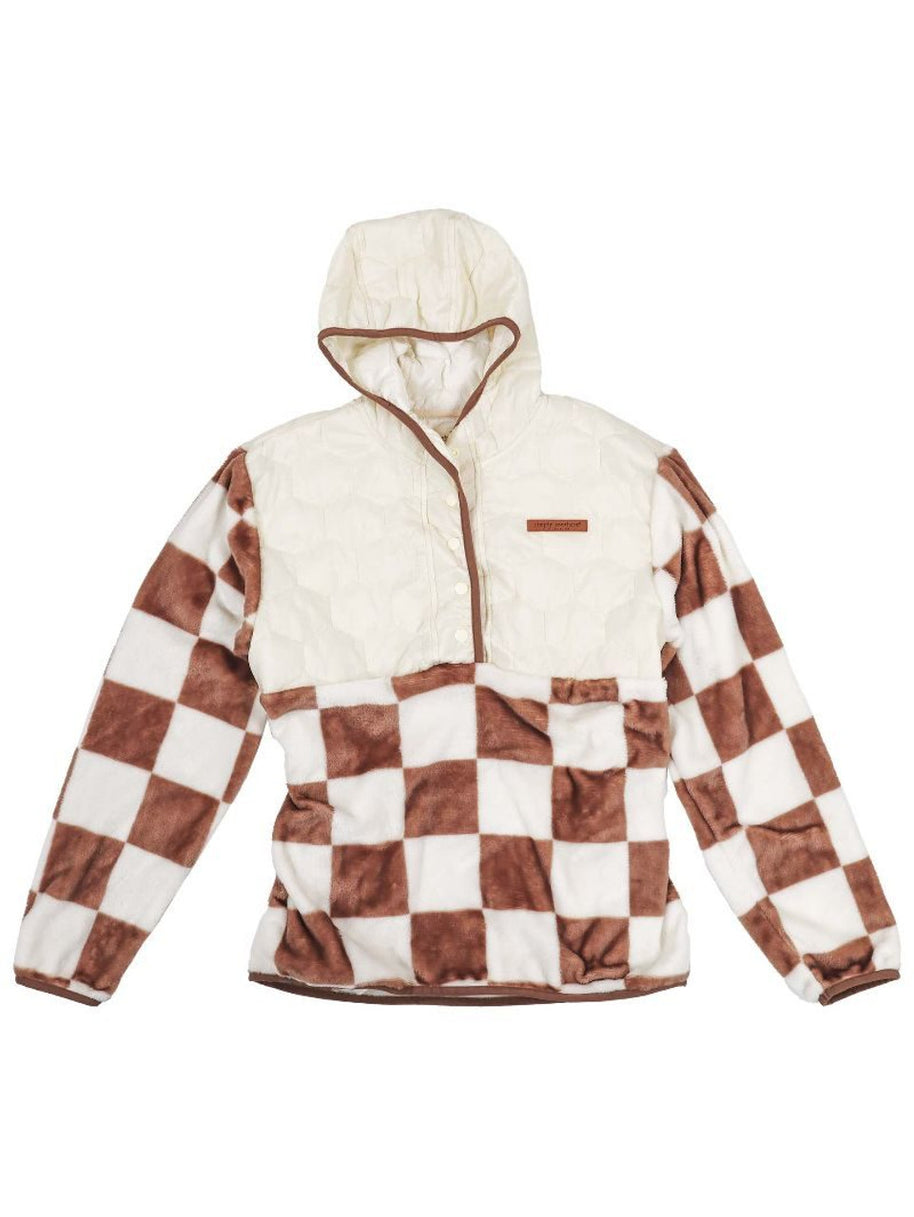 Simply Southern Ivory and Tan Checkerboard Quarter Snap Pullover Hoodie