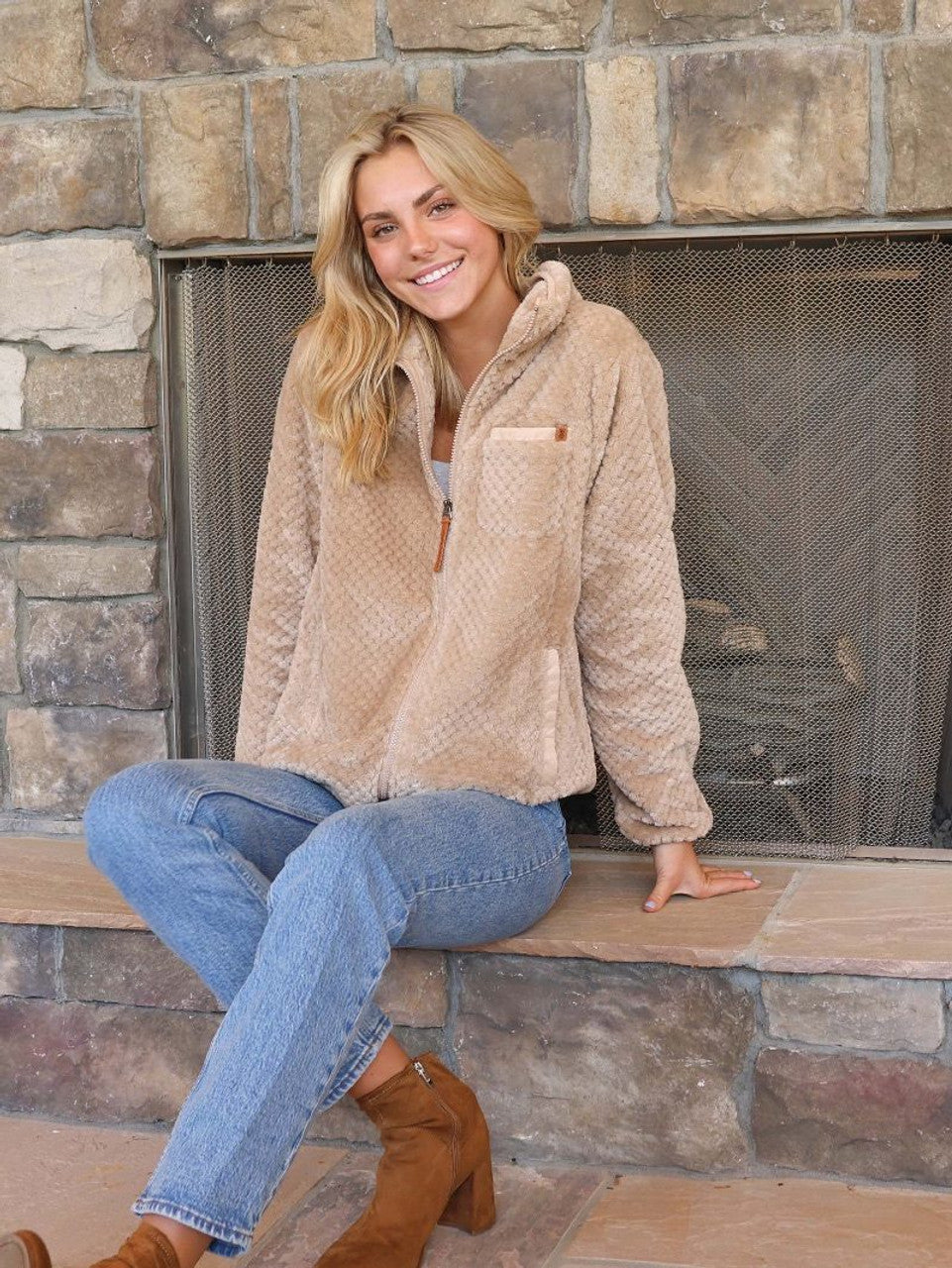 Simply Southern Ultrasoft Zip Up Jacket for Women in Dessert Tan