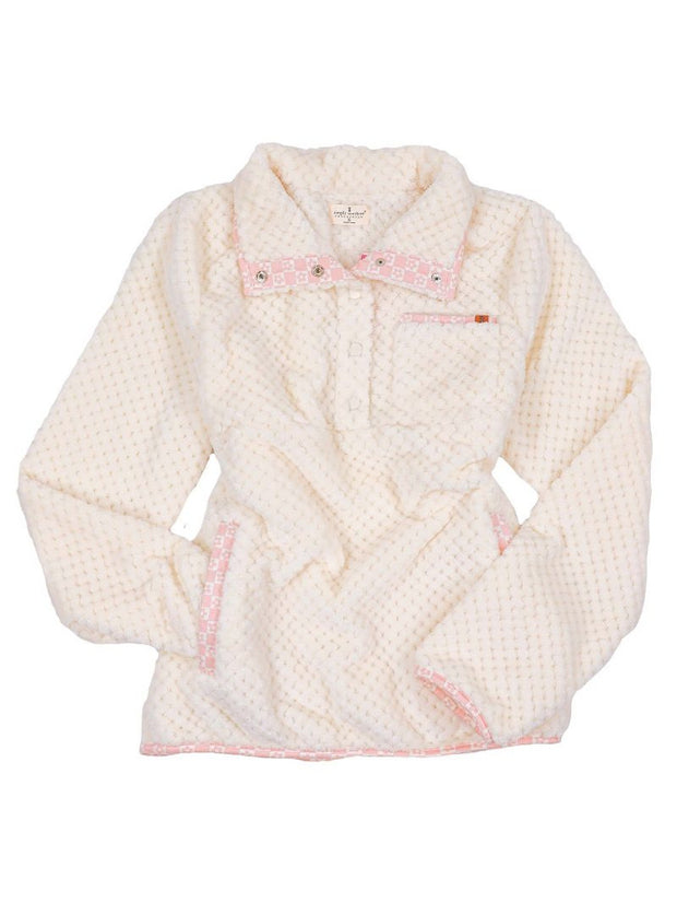 Simply Southern Women's Simply Soft Pullover- Ivory with Pink Checker Trim