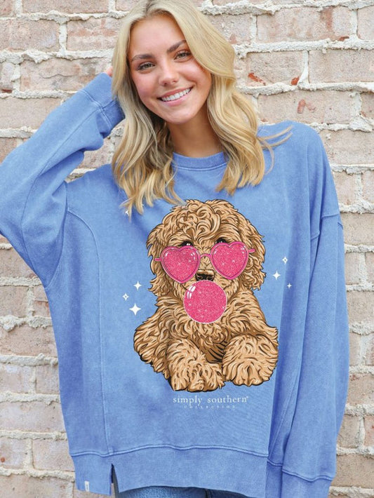 Simply Southern Goldendoodle/Labradoodle Wearing Pink Heart Sunglasses Chewing Bubble Gum Blue Crewneck Sweatshirt