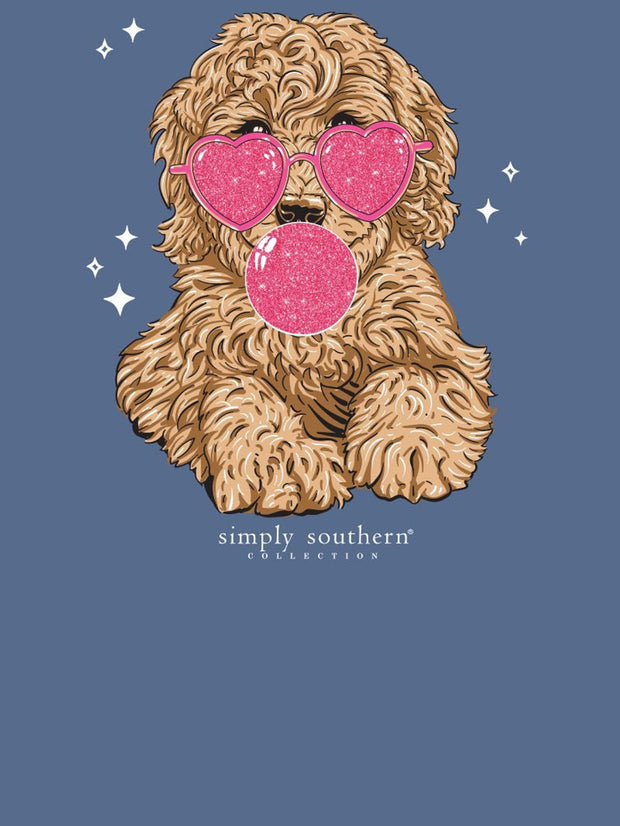 Simply Southern Goldendoodle/Labradoodle Wearing Pink Heart Sunglasses Chewing Bubble Gum Blue Crewneck Sweatshirt