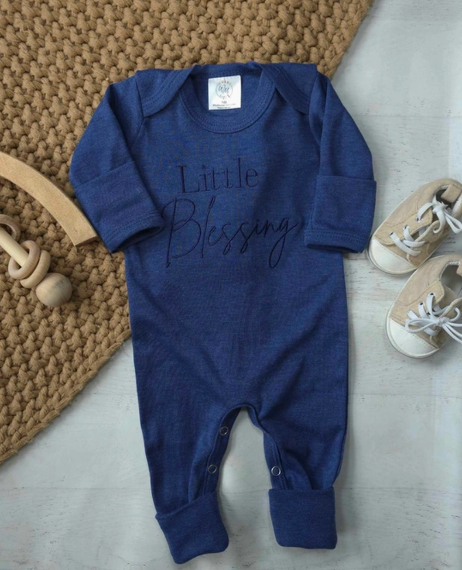 Little Blessing (Navy) Embroidered Baby - Romper Only