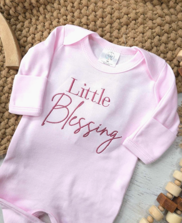 Little Blessing (Pink) Embroidered Baby - Romper Only