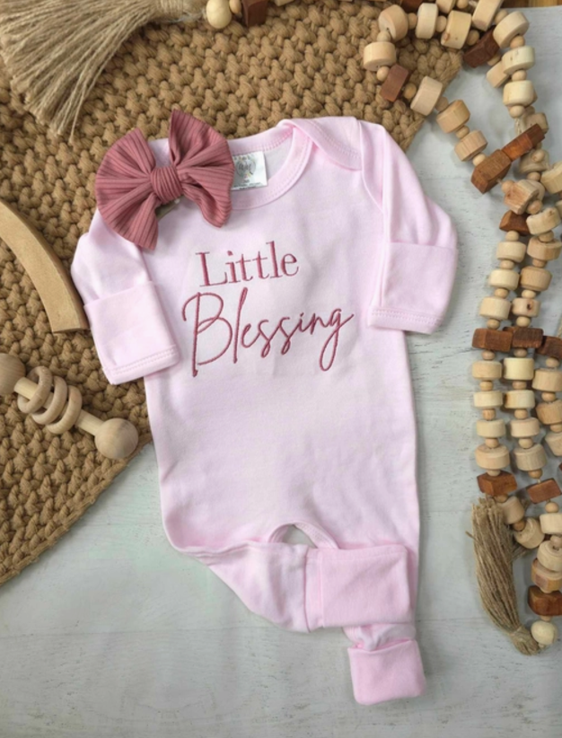 Little Blessing (Pink) Embroidered Baby - Romper Only