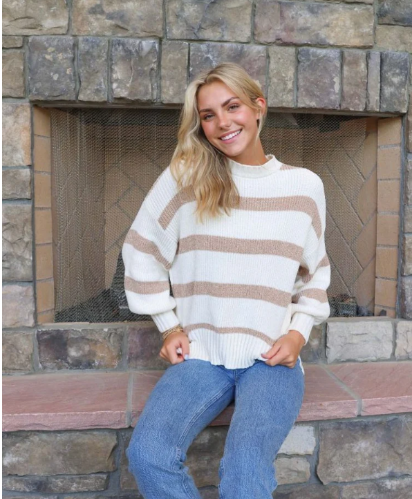 Simply Southern Ivory and Tan Stripe Ultrasoft Sweater