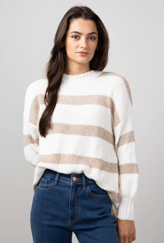 Simply Southern Ivory and Tan Stripe Ultrasoft Sweater